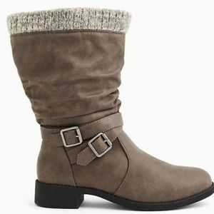 NWT--Torrid GREY FAUX LEATHER SWEATER-TRIMMED SLOUCHY BOOTS